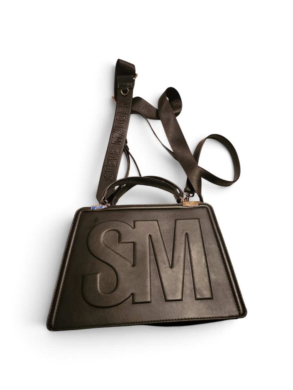 Steve Madden Black Embossed SM Leather Messenger Bag